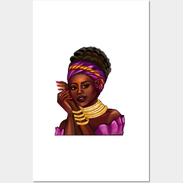 Afro Queen Black is beautiful anime manga black girl with Gold bangles, neck ring necklace, purple dress and head wrap, brown eyes and dark brown skin ! Wall Art by Artonmytee